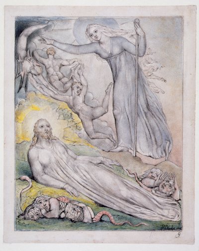ジョン・ミルトンの「パラダイス・レゲインド」のイラスト、1816-18年頃のファントムを追う朝（ペンとインク、灰色のウォッシュ、紙にトイレ） 作： William Blake